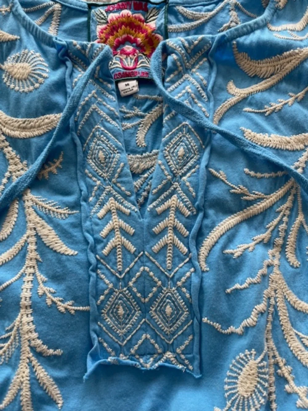 Johnny Was Blue Cotton Knit Embroidered Tiered Midi Dress SzM Boho Resort Beach - Picture 5 of 10